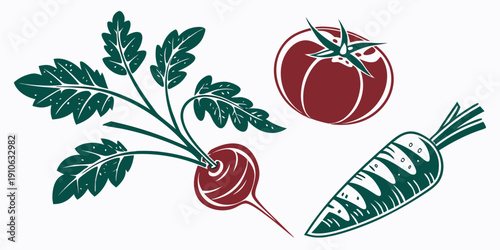 Assorted vegetables and fruits including radish, carrot, and apple