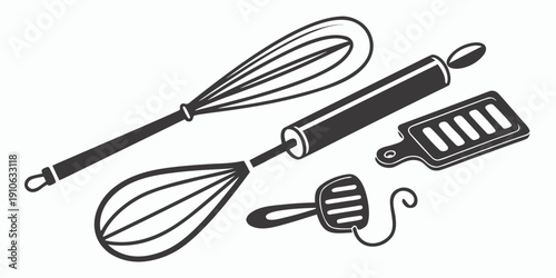 A collection of kitchen utensils essential for baking and cooking