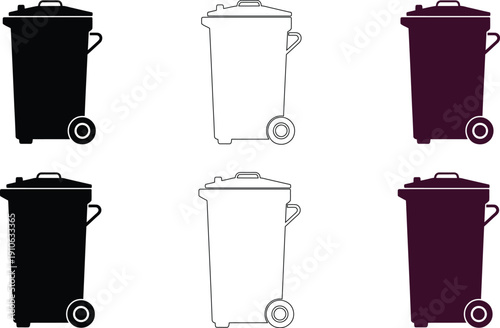 Six wheeled trash bins in black white and dark purple silhouettes and outlines variations