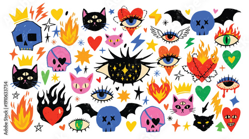 Colorful cartoon sticker set with hearts eyes skulls and flames