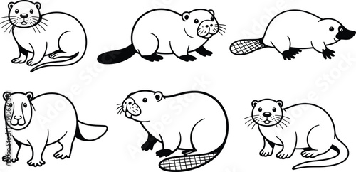 Cartoon silhouette illustration collection of semi‑aquatic mammals including otter, beaver, platypus, and groundhog, educational animal artwork concept for wildlife, nature, biology, zoology design