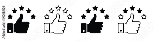 Thumb Up and Five Stars Vector Icons, illustrating customer feedback, best ratings, satisfaction symbols, high service quality, client approval, review evaluation, and professional vector graphics 