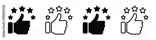 Thumb Up and Five Stars Vector Icons, vector icon collection showing customer satisfaction, five-star reviews, positive feedback, service excellence, client approval symbols, rating indicators