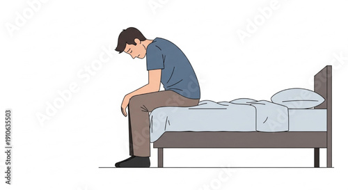 Frustrated Man Sitting on Bed Edge Minimal Flat Vector Illustration