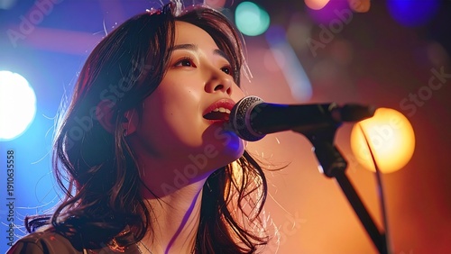 ライブステージで歌うミュージシャンの女性
