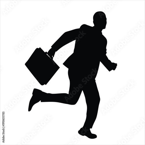 Businessman in Suit Running with Briefcase Silhouette, Late for Meeting or Success Pursuit