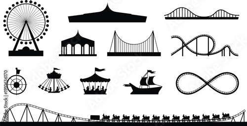 Collection of amusement park ride silhouettes including Ferris wheel, roller coaster, carousel, circus tent, swing ride, and Viking ship, showcasing entertainment attractions and fun fair structures