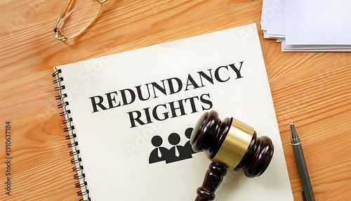 Notebook redundancy rights document with legal gavel on wooden desk, employment law concept, workplace layoffs and worker protection, HR compliance and union support