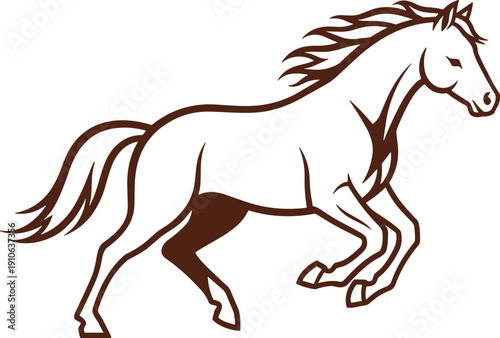 Stylized horse in dynamic motion with flowing mane and tail, elegant line drawing capturing trotting or galloping equestrian vector design
