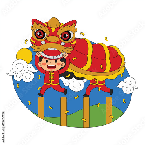 Festive Chinese Lion Dance Performance on Stilts