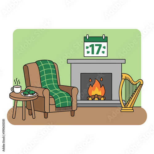 A cozy St. Patrick's Day living room scene with a fireplace, armchair, harp, and calendar showing March 17th.