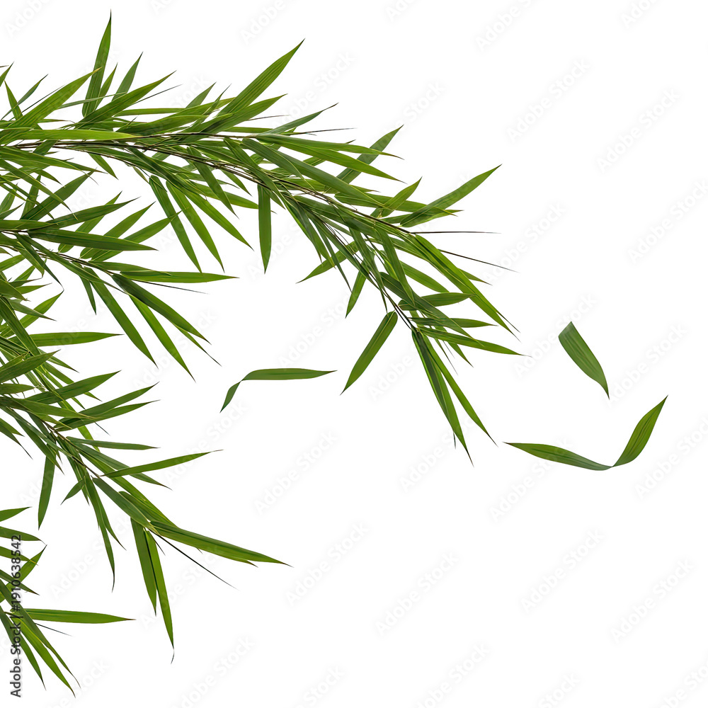 Fototapeta premium Lush Green Bamboo Leaves and Branches Isolated on a Pristine White Background.