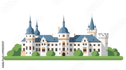 Large white castle with blue roofs and towers on green land