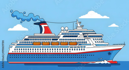 Pixel art illustration of a blue and red cruise ship sailing on water