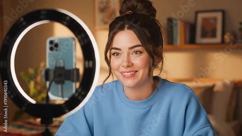 A cozy art illustration shows a young woman recording a vlog on her smartphone with a ring light. This is perfect for content about social media, content creation, and remote work.