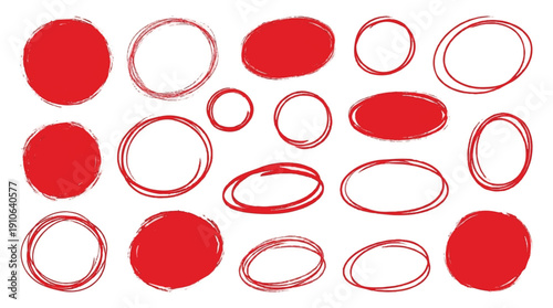 Red brush stroke circles and ovals on white background