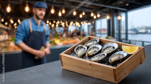 Wallpaper Mural A server presents a wooden tray of oysters with lemon at a bustling seafood market in the evening Torontodigital.ca