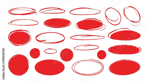 Red brush stroke ovals and circles shapes collection for design