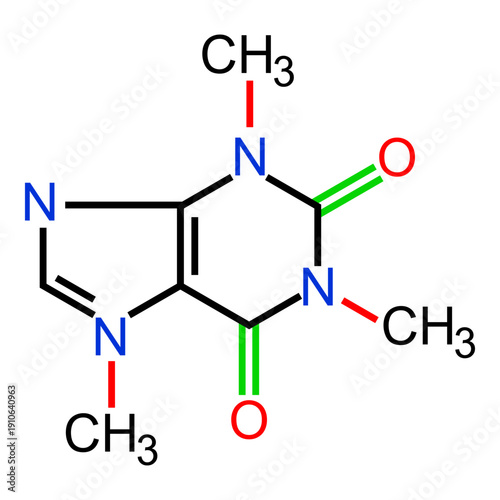 Skeletal chemical structure diagram of caffeine, a common stimulant molecule with a purine ring system.
