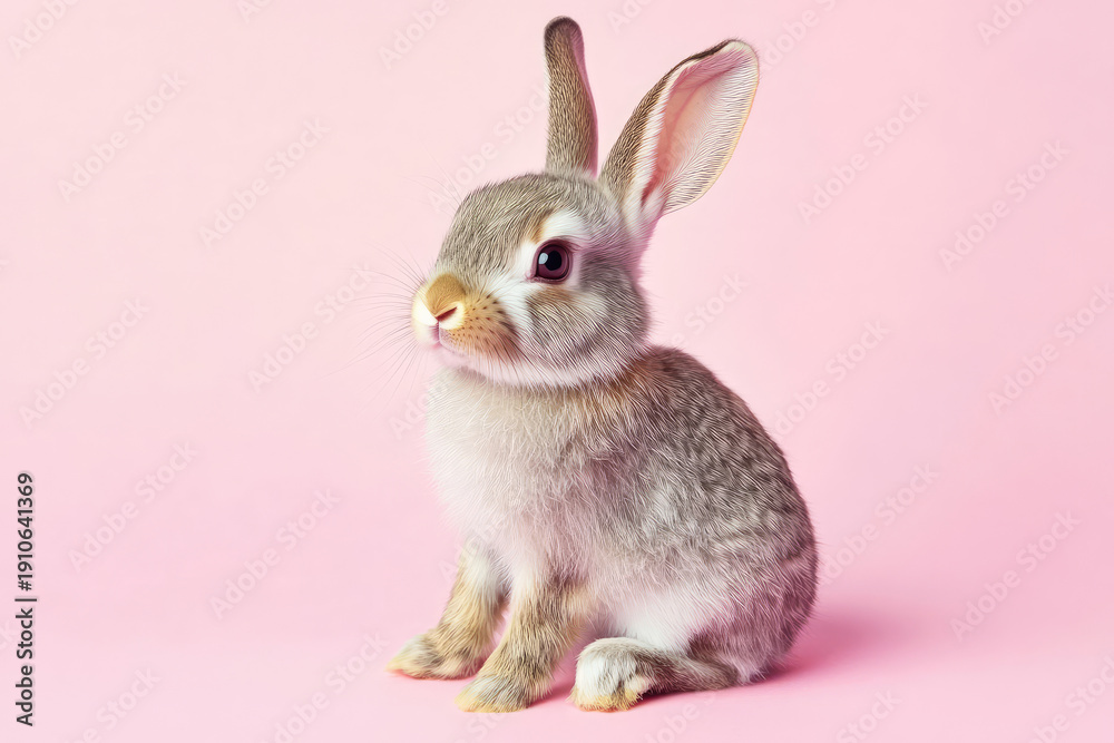 Fototapeta premium Adorable baby rabbit sitting on pink background exhibiting charming behavior