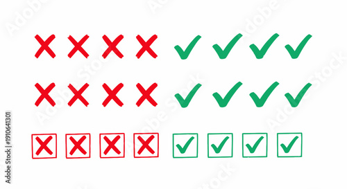 Red crosses and green checkmarks in a grid pattern on white background.