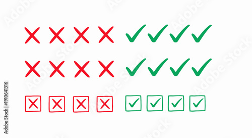 Red crosses and green checkmarks in a grid pattern on a white background.