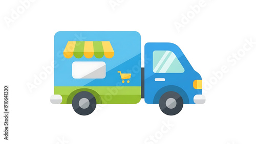 Charming flat design illustration of a blue delivery truck with a mobile shop awning, perfect for e-commerce, logistics, or small business concepts.