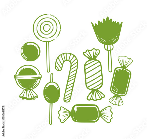 Green hand drawn candy collection with lollipops and candy canes wrapped
