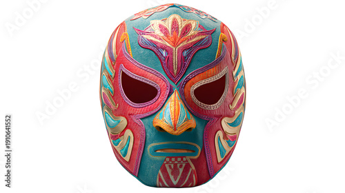 Colorful Mexican lucha libre wrestling mask, vibrant turquoise, pink, orange, and yellow design, for mockup or overlay effect, Isolated on transparent background, png