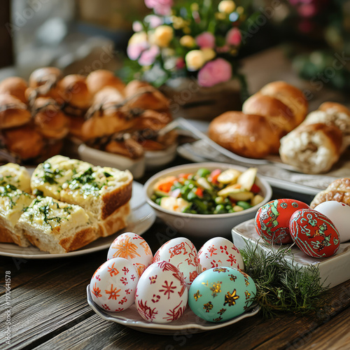 traditional easter feast with decorated eggs and food