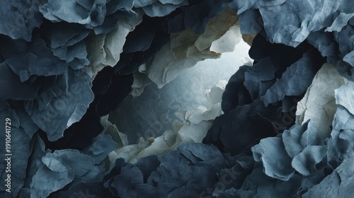 Abstract layers of textured paper in dark blue and gray hues with lighting effects creating depth and intrigue in a visually striking composition