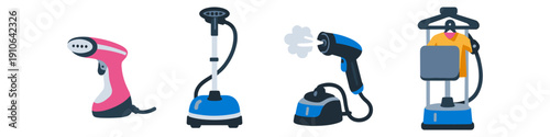 Collection of four different types of garment steamers for clothing care