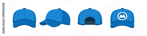 Collection of blue baseball caps shown from different angles on a white background