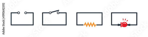 Electrical circuit symbols showing a switch, resistor, and light bulb in a schematic