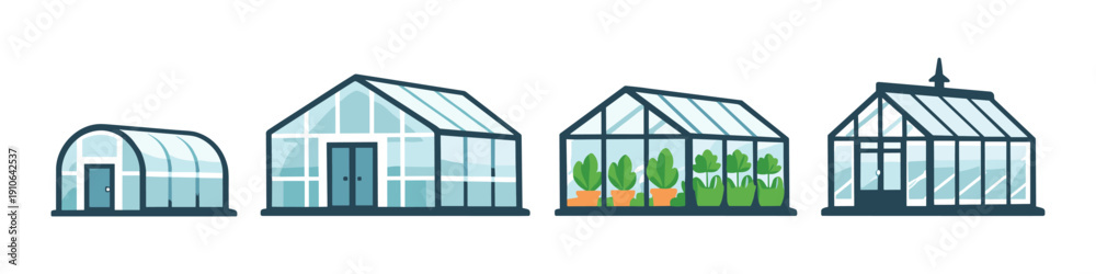 Fototapeta premium Collection of diverse greenhouse structures for gardening and plant cultivation