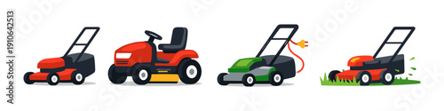 Collection of lawn mowers and riding mower for garden maintenance and landscaping
