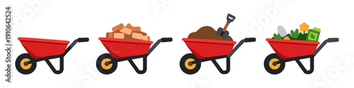 Sequence of red wheelbarrows showing progression from empty to gardening supplies
