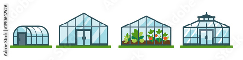 Collection of four different greenhouse structures with varying designs and one containing plants