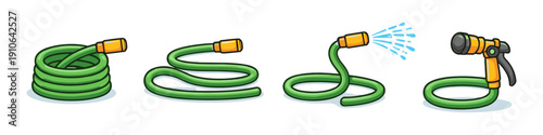 Set of four garden hoses showing different states and uses for watering plants