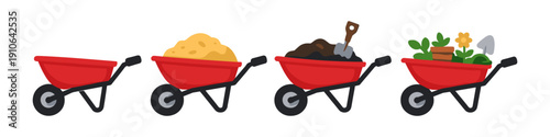 Red wheelbarrow stages showing progression from empty to filled with plants and gardening tools