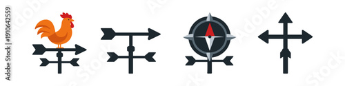 Collection of weather vanes and directional indicators with a rooster and compass