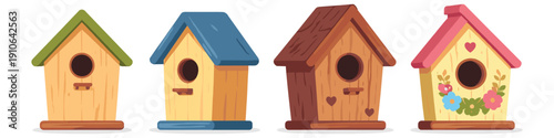 Collection of four charming, colorful birdhouses with unique designs and decorative elements