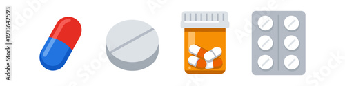 Collection of various medication types including capsules, pills, and blister pack