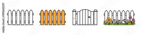Collection of cartoon fences and a garden gate with flowers and grass