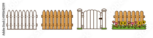 Collection of different picket fence styles and a garden gate with flowers