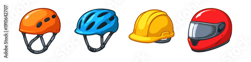 Collection of four different types of protective helmets for various activities