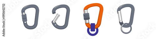 Collection of four different carabiners and climbing gear clips on a white background