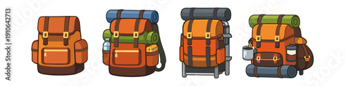 Collection of four cartoon-style backpacks for outdoor adventures and travel