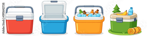 Collection of colorful portable coolers for outdoor adventures and picnics