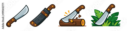 Set of cartoon machete icons showing different uses and accessories